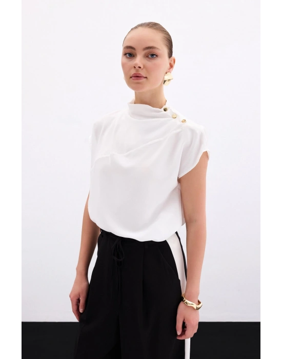 Tek Omuz Çıtçıtlı Bluz - Ekru