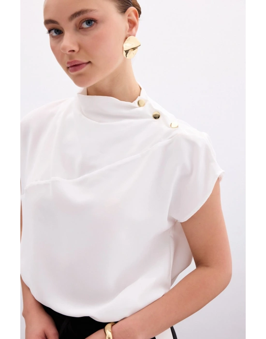 Tek Omuz Çıtçıtlı Bluz - Ekru