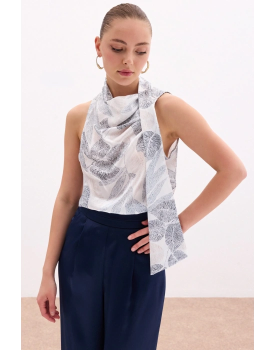 Fularlı Desenli Bluz - Siyah