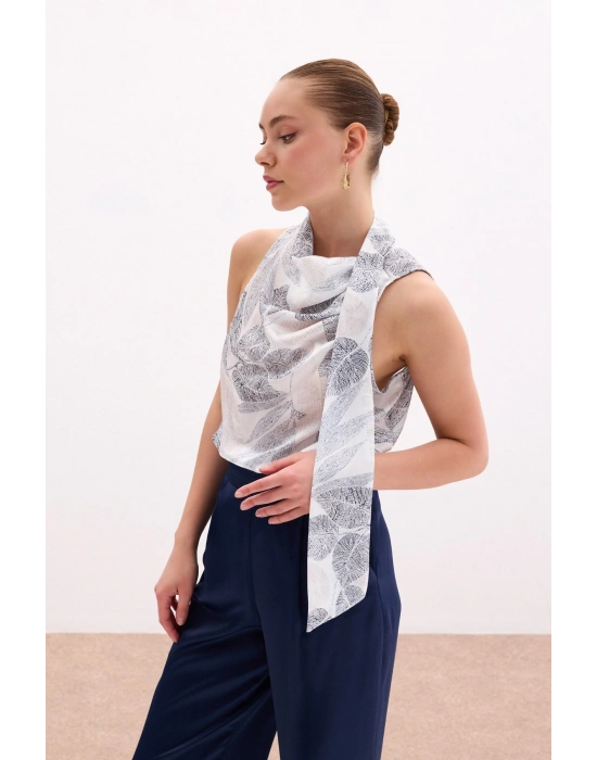 Fularlı Desenli Bluz - Siyah