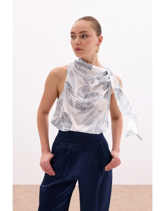 Fularlı Desenli Bluz - Siyah