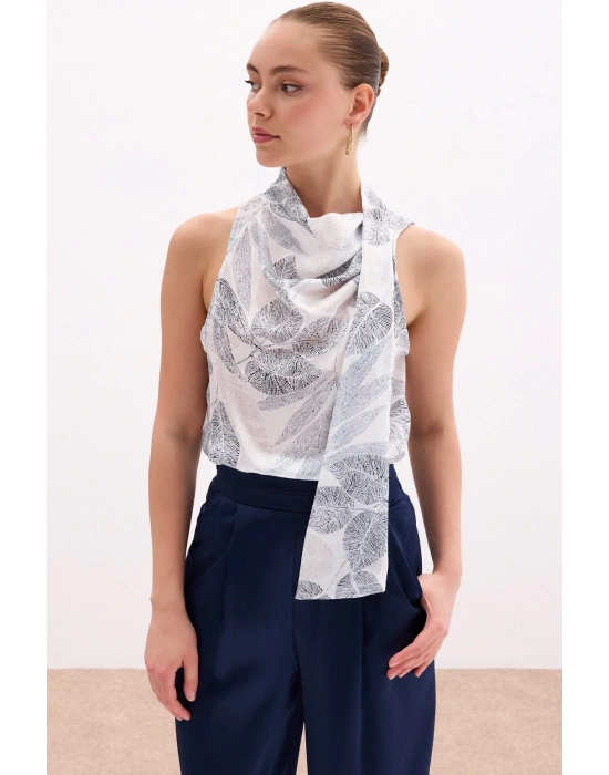 Fularlı Desenli Bluz - Siyah