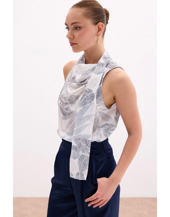 Fularlı Desenli Bluz - Siyah