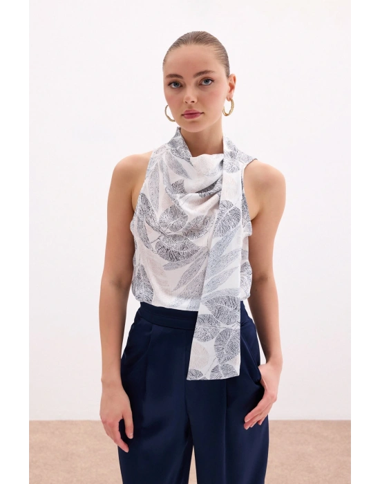 Fularlı Desenli Bluz - Siyah