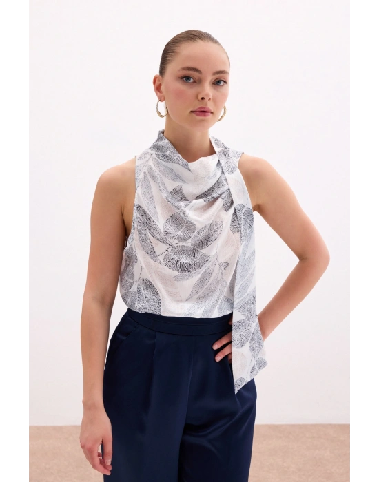 Fularlı Desenli Bluz - Siyah