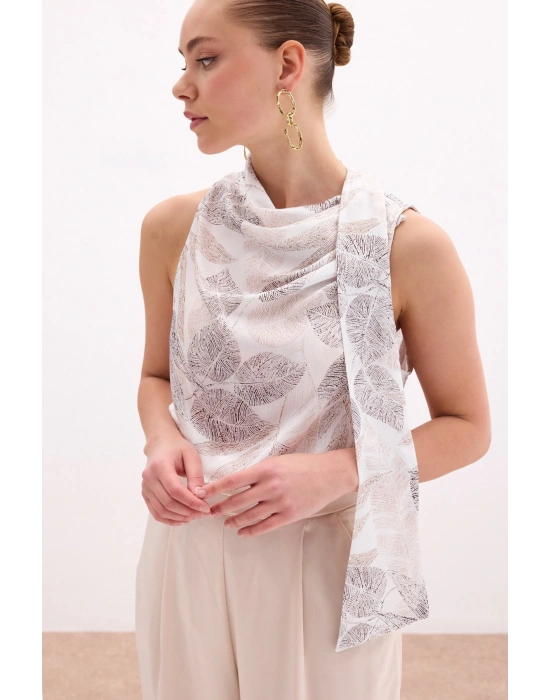 Fularlı Desenli Bluz - Vizon