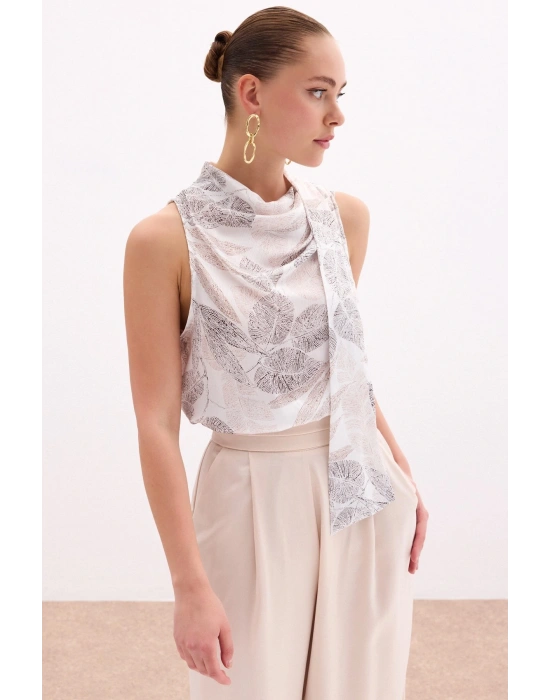 Fularlı Desenli Bluz - Vizon