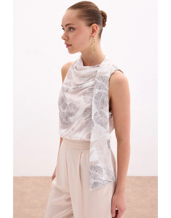 Fularlı Desenli Bluz - Vizon