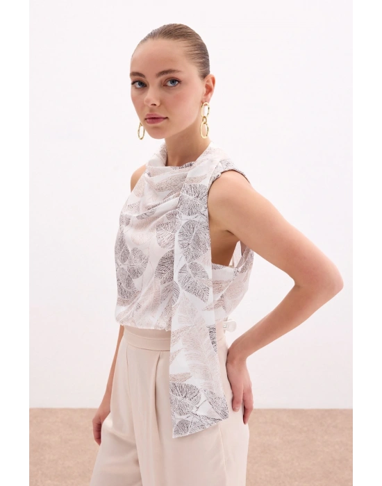 Fularlı Desenli Bluz - Vizon