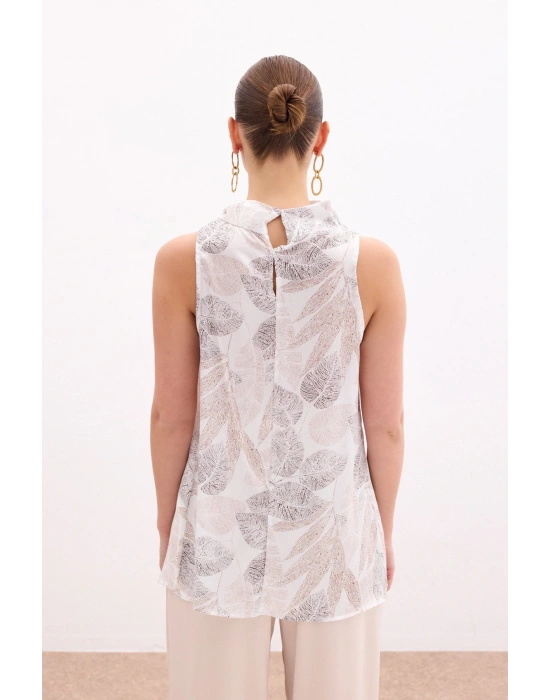 Fularlı Desenli Bluz - Vizon