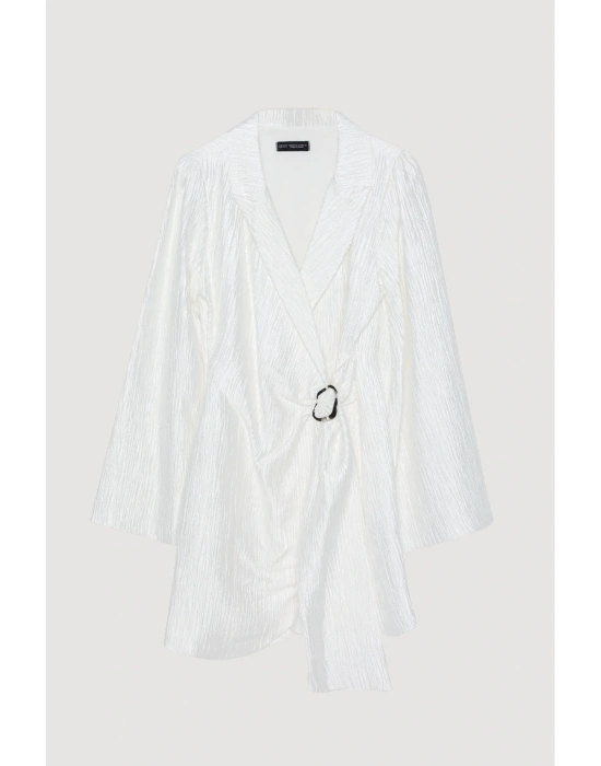 Kruvaze Bağlamalı Dokulu Mini Elbise Ekru