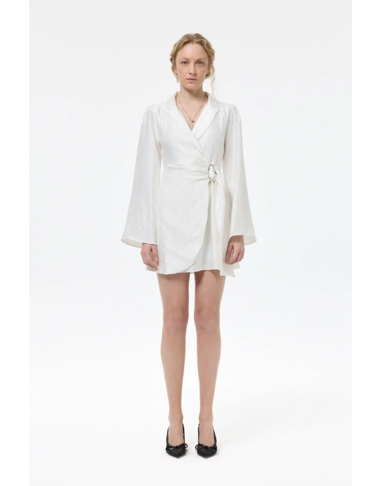 Kruvaze Bağlamalı Dokulu Mini Elbise Ekru