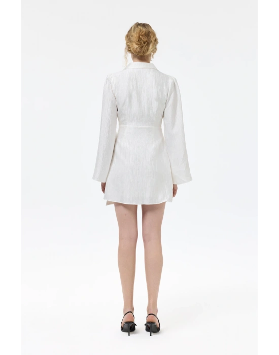 Kruvaze Bağlamalı Dokulu Mini Elbise Ekru