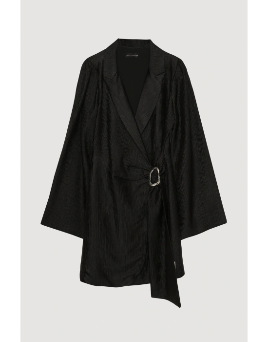 Kruvaze Bağlamalı Dokulu Mini Elbise Siyah