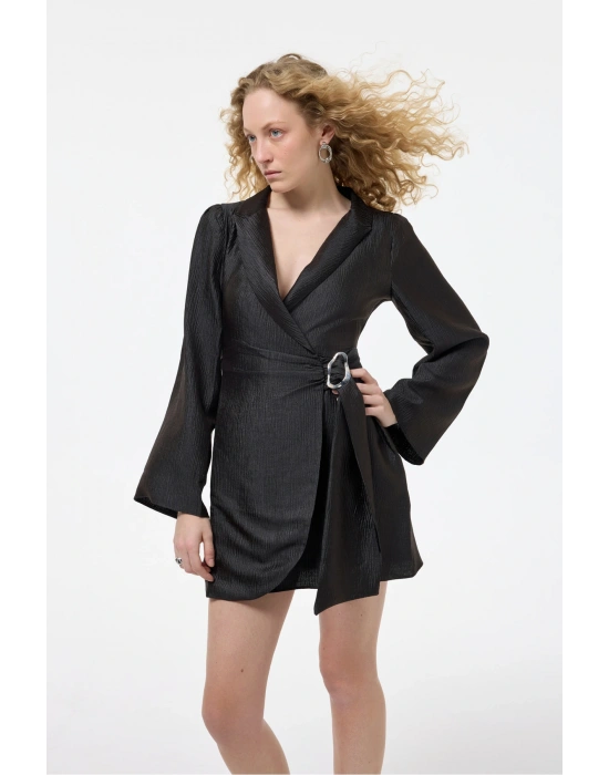 Kruvaze Bağlamalı Dokulu Mini Elbise Siyah
