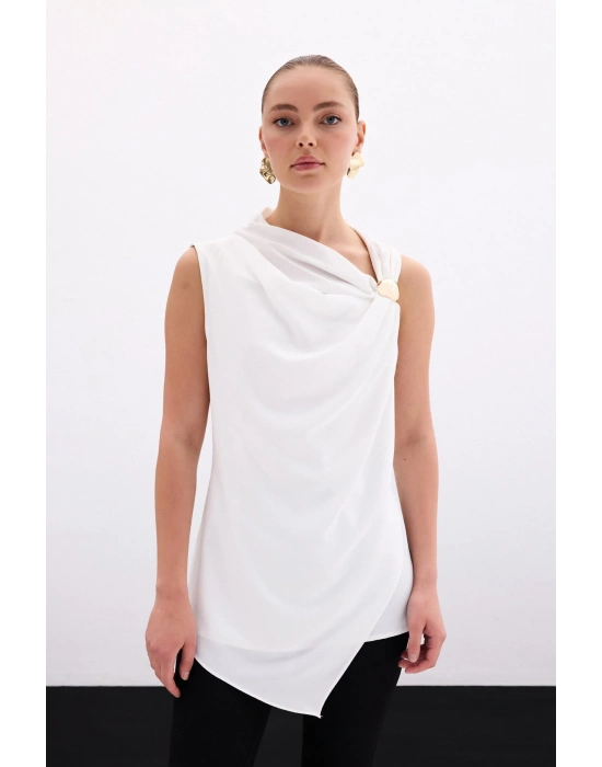 Tek Omuz Aksesuarlı Bluz - Ekru