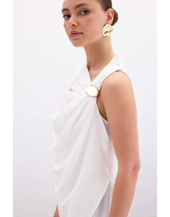 Tek Omuz Aksesuarlı Bluz - Ekru