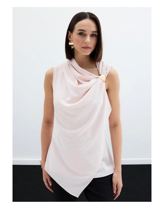 Tek Omuz Aksesuarlı Bluz - Pudra