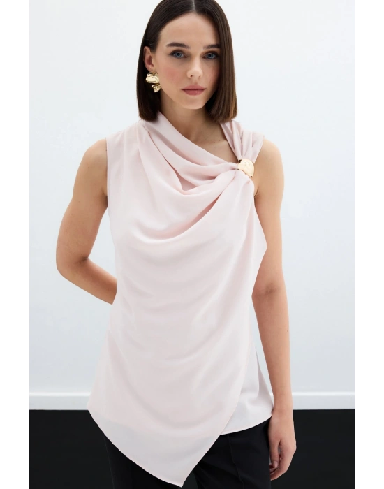 Tek Omuz Aksesuarlı Bluz - Pudra