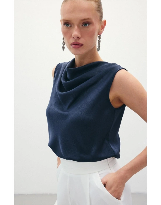 Degaje Yaka Saten Bluz - Lacivert