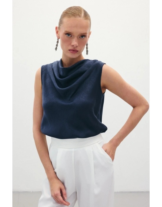 Degaje Yaka Saten Bluz - Lacivert
