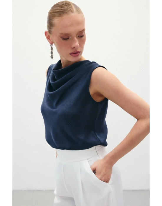 Degaje Yaka Saten Bluz - Lacivert