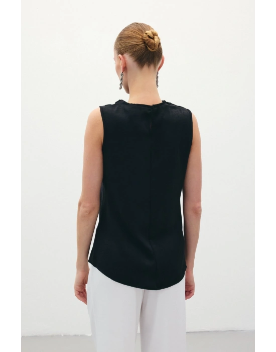 Degaje Yaka Saten Bluz - Siyah