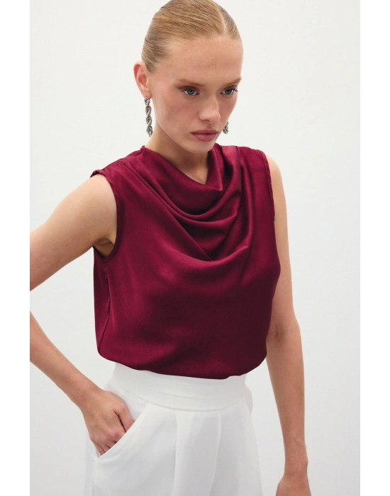 Degaje Yaka Saten Bluz - Bordo