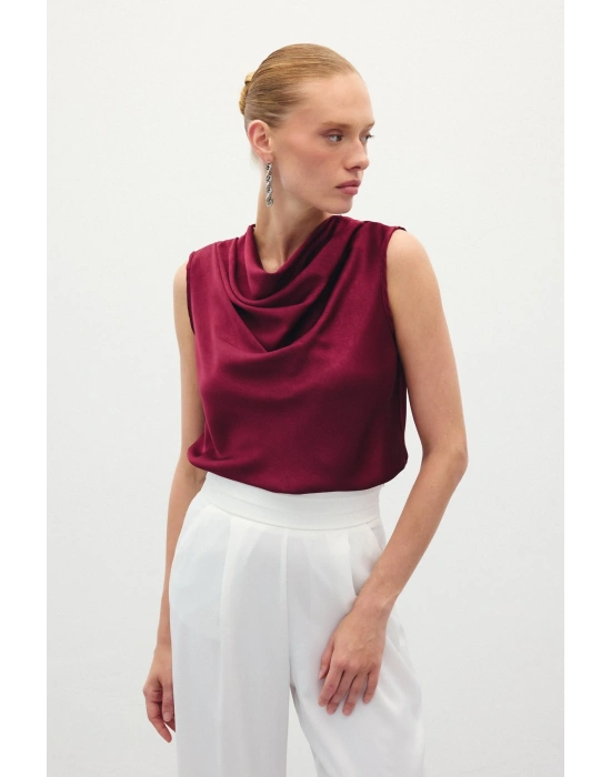 Degaje Yaka Saten Bluz - Bordo