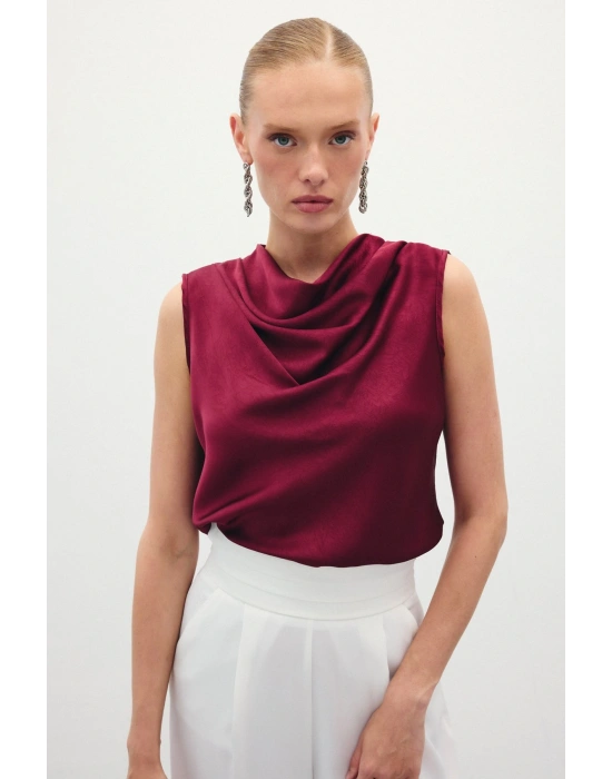 Degaje Yaka Saten Bluz - Bordo