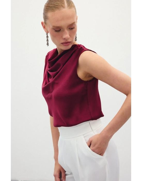 Degaje Yaka Saten Bluz - Bordo