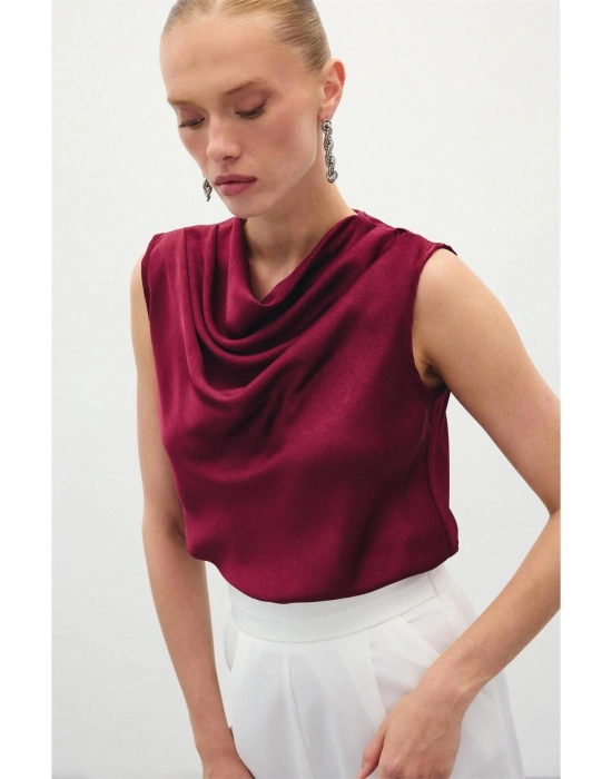Degaje Yaka Saten Bluz - Bordo