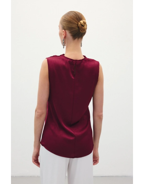 Degaje Yaka Saten Bluz - Bordo