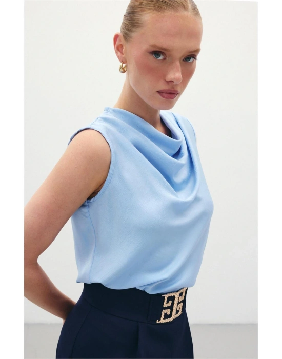 Degaje Yaka Saten Bluz - Mavi