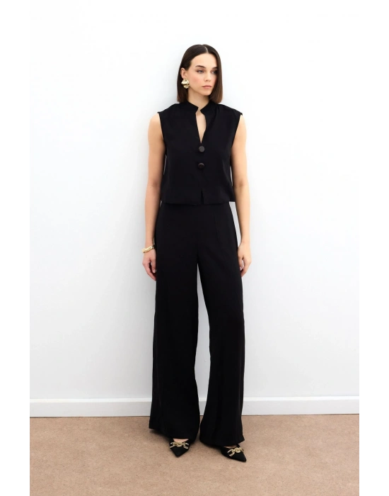 Yüksek Bel Keten Pantolon - Siyah