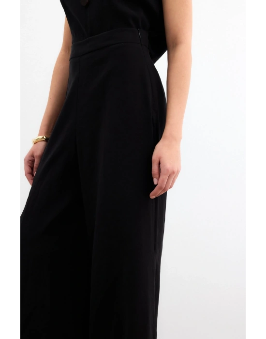 Yüksek Bel Keten Pantolon - Siyah