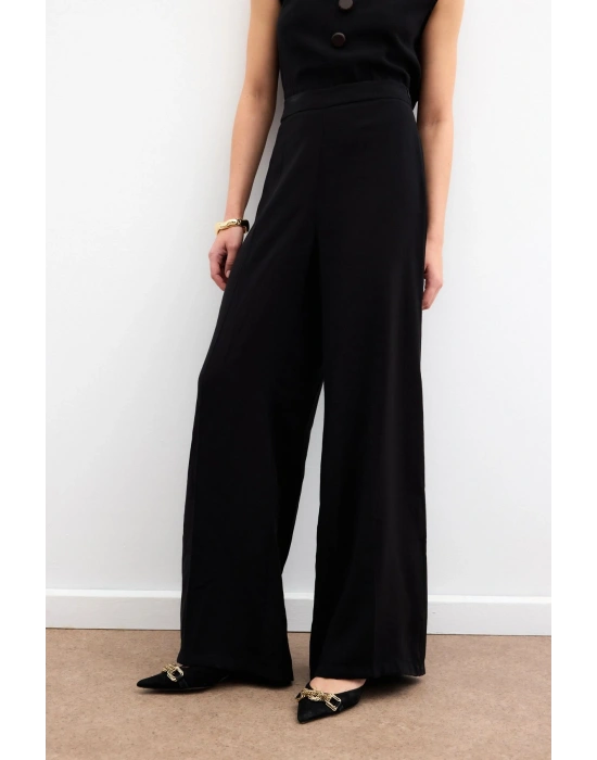 Yüksek Bel Keten Pantolon - Siyah