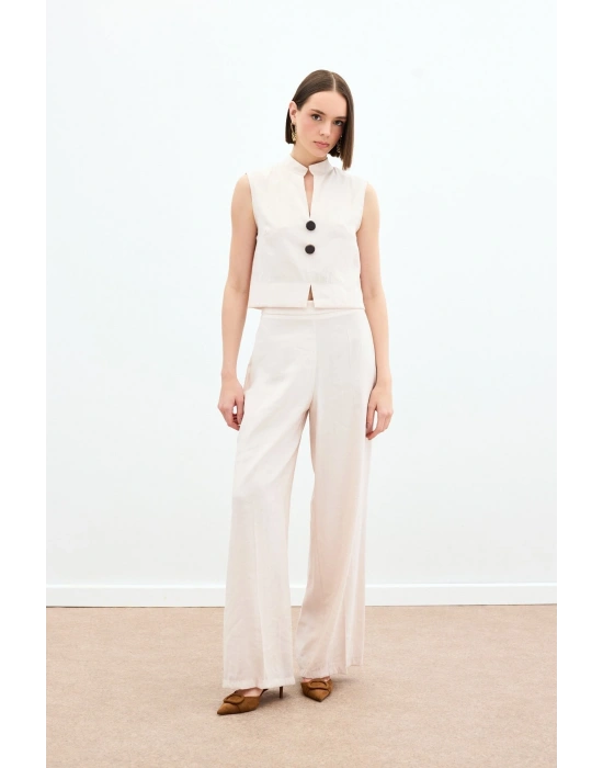 Yüksek Bel Keten Pantolon - Taş