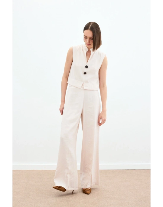 Yüksek Bel Keten Pantolon - Taş