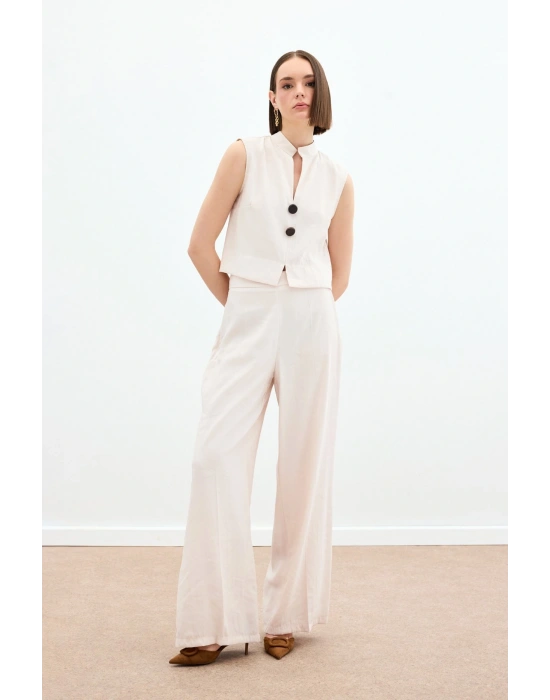 Yüksek Bel Keten Pantolon - Taş