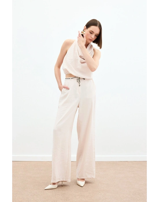 Örgü Kemerli Pantolon - Bej