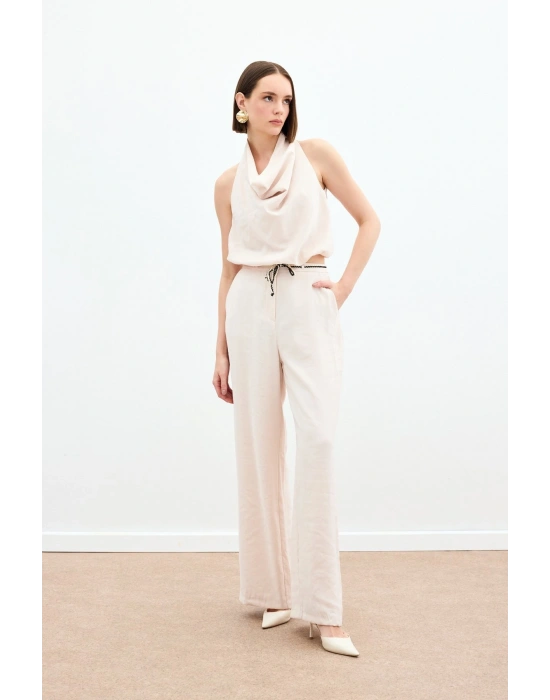 Örgü Kemerli Pantolon - Bej