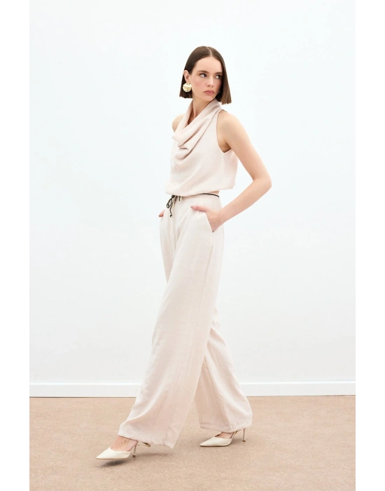 Örgü Kemerli Pantolon - Bej