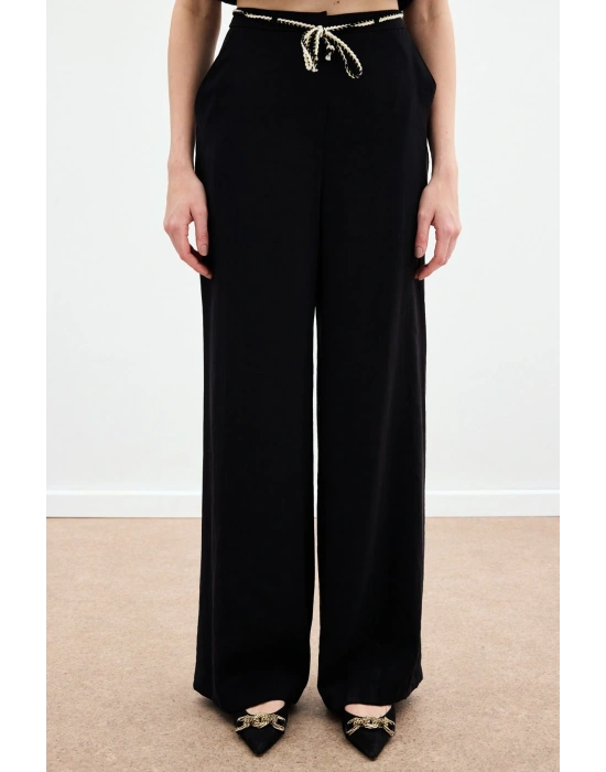 Örgü Kemerli Pantolon - Siyah