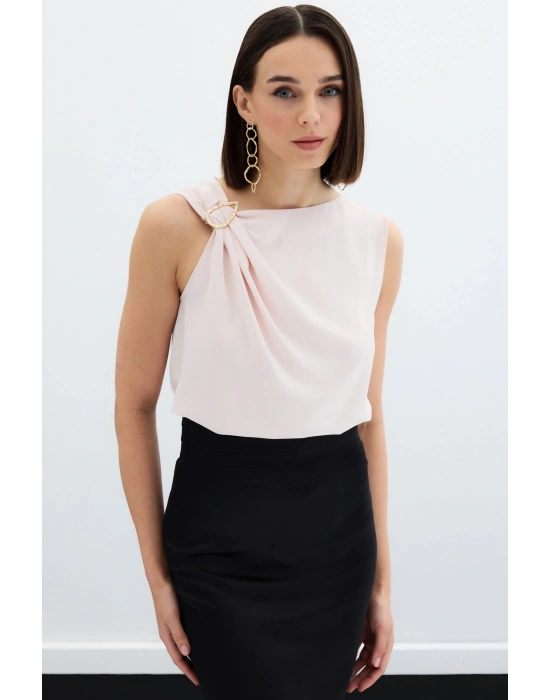 Tek Omuz Detaylı Bluz - Pudra