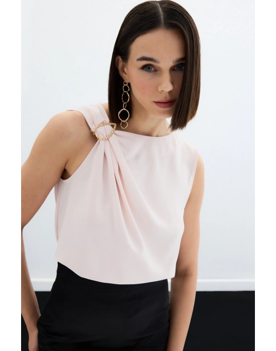 Tek Omuz Detaylı Bluz - Pudra
