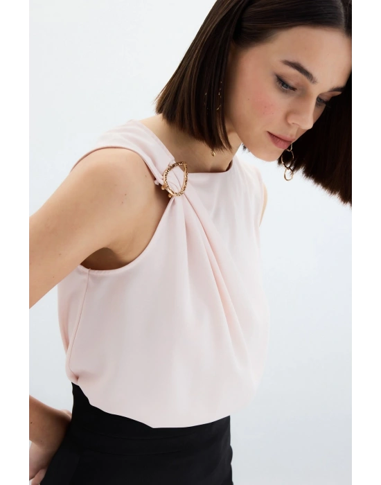 Tek Omuz Detaylı Bluz - Pudra