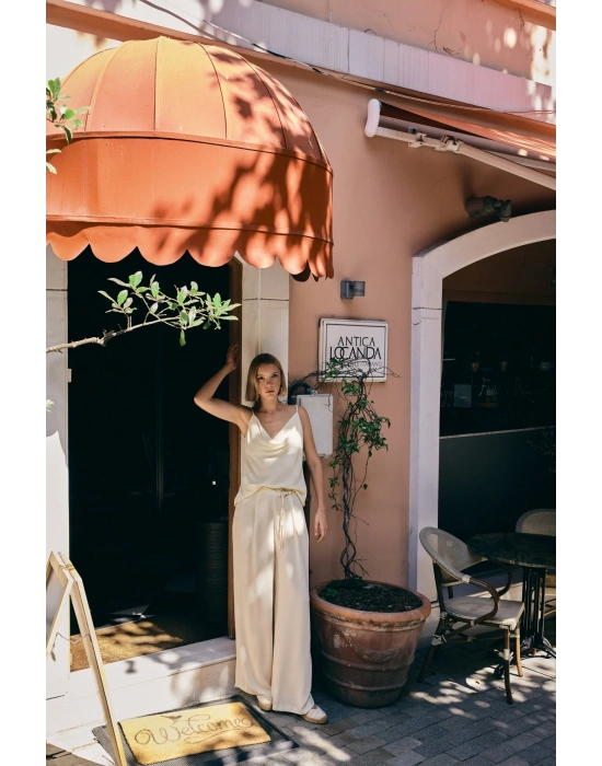 Kemerli Salaş Pantolon - Krem