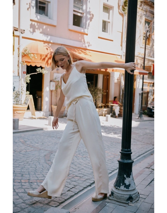 Kemerli Salaş Pantolon - Krem