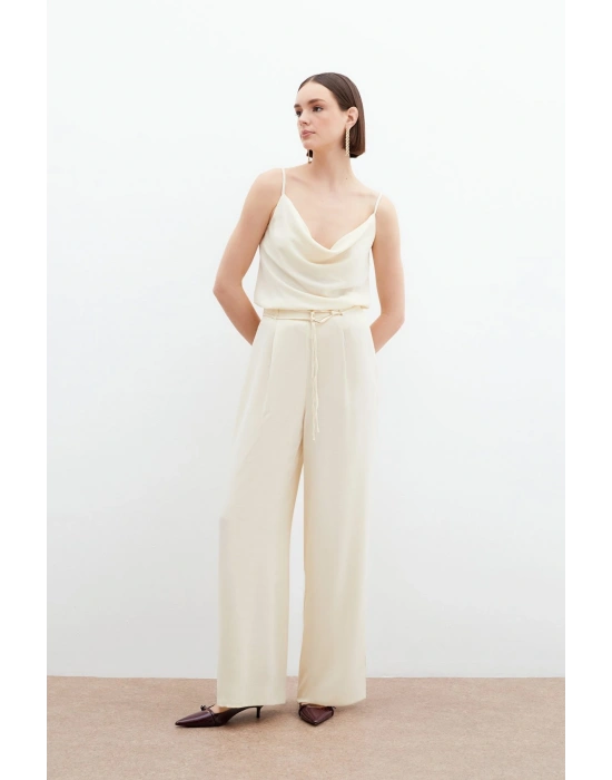 Kemerli Salaş Pantolon - Krem
